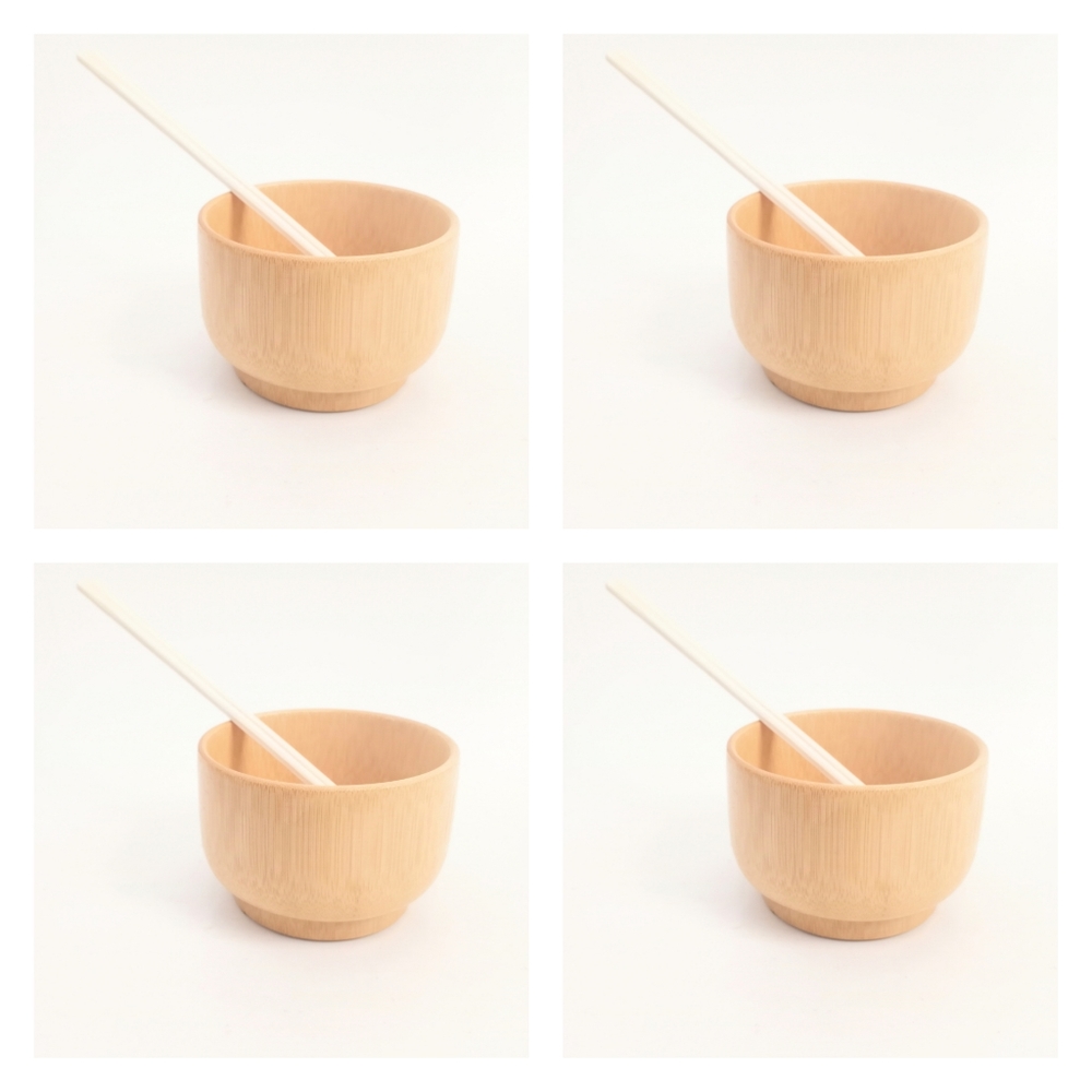 Set of 4 Japanese Bamboo Rice Bowls and Chopsticks